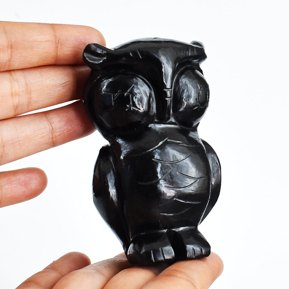 Amazing  1150.00 Carats Genuine Black Spinel Hand Carved Crystal Gemstone Owl Carving