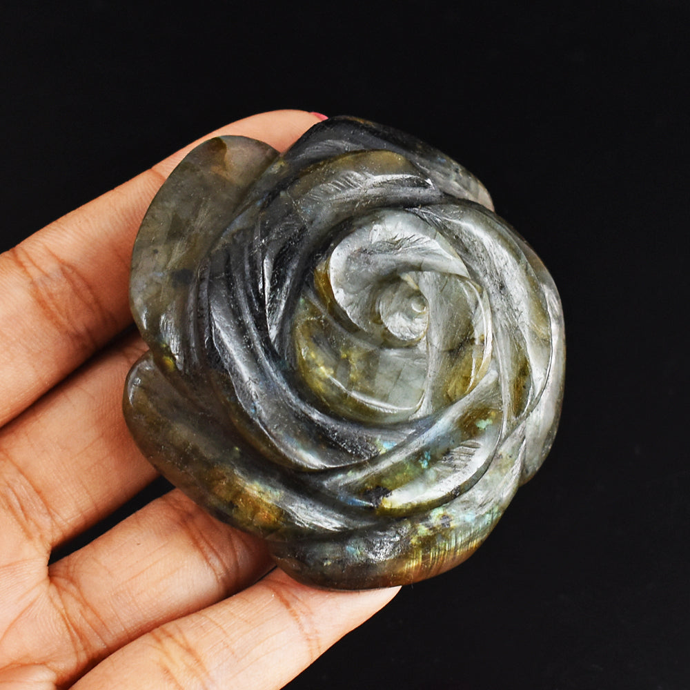 476.00 Carats Genuine Golden & Blue Flash  Labradorite Hand Carved Gemstone Crystal  Rose Flower Carving