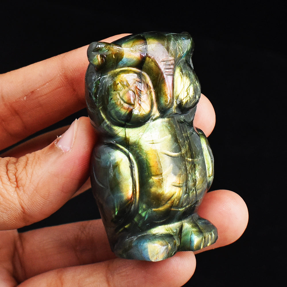 Stunning 407.00 Cts Genuine Golden Flash Labradorite Hand Carved Crystal Gemstone Owl  Carving