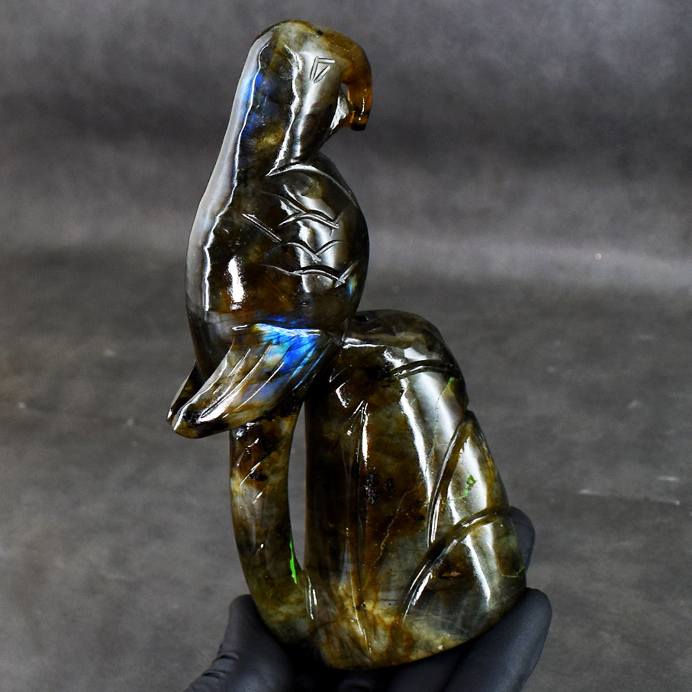 Amazing 2086.00 Cts Genuine Amazing Flash Labradorite Hand Carved Crystal Parrot Gemstone Carving