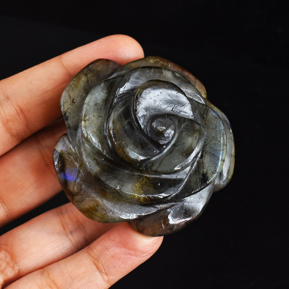 Artisian  437.00 Carats  Orange  &  Blue  Flash Labradorite  Hand  Carved  Rose  Gemstone  Carving