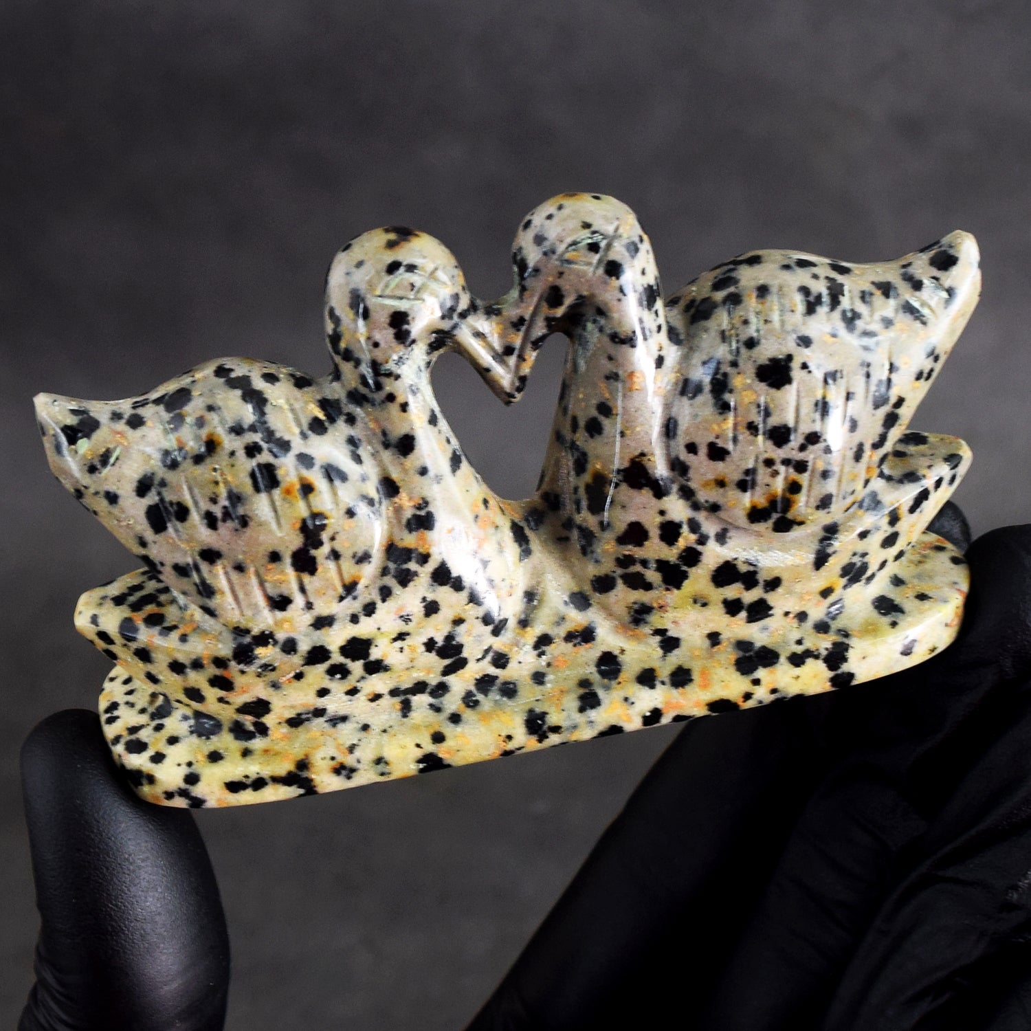 Best Ever 628.00 Cts  Genuine Dalmation Jasper Hand Carved Premium Love Swan Pair Crystal