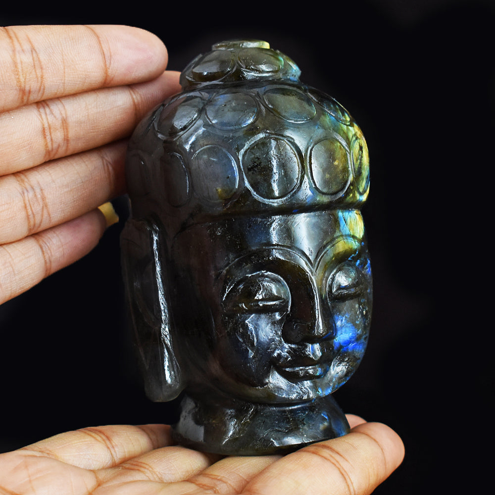 Beautiful 1867.00 Cts Genuine Blue & Golden Flash Labradorite Hand Carved Gemstone Buddha Head