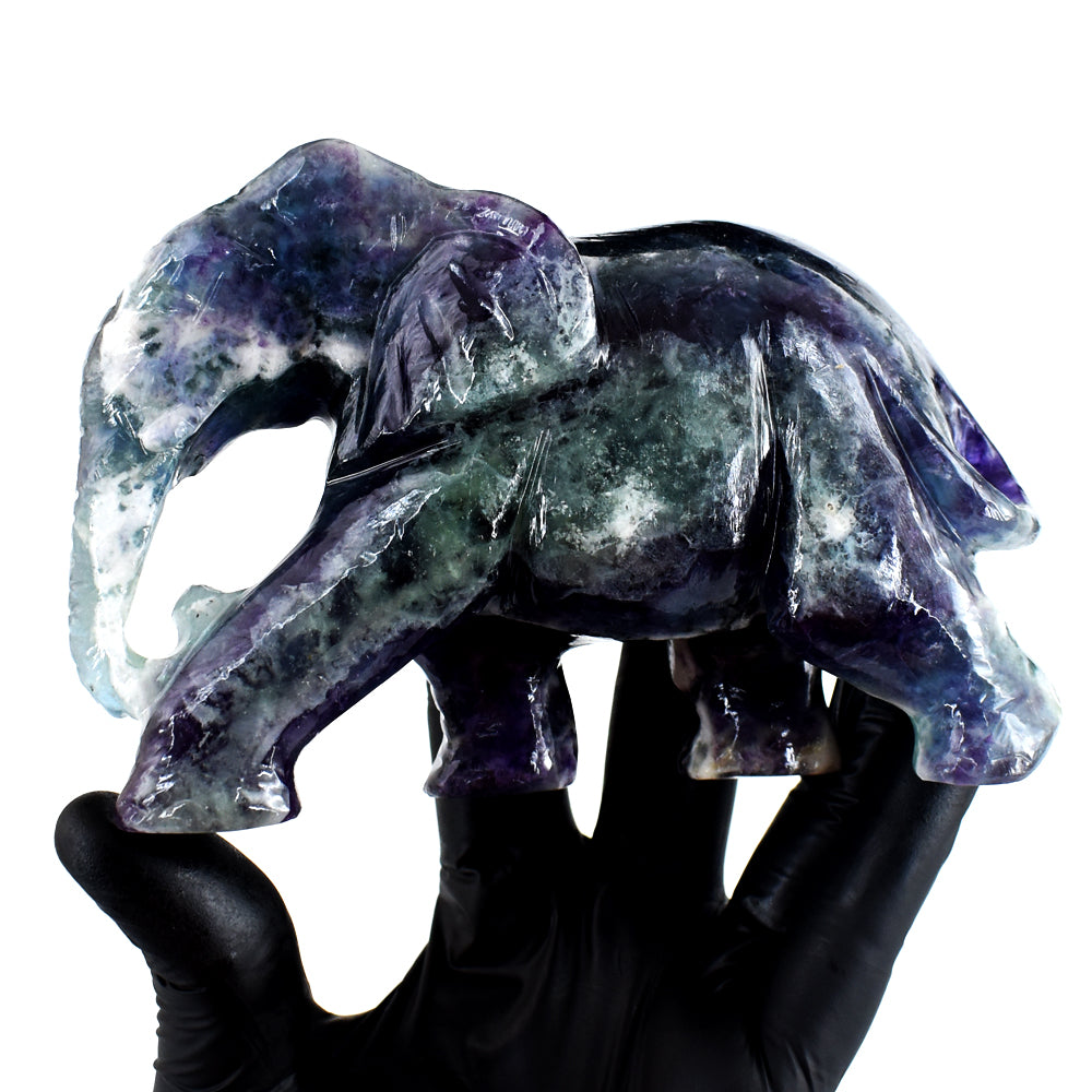 Beautiful 3638.00 Cts Genuine Multicolor Fluorite Hand Carved Crystal Gemstone Elephant Carving