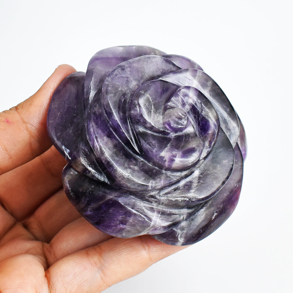 Craftsmen 858 .00 Cts  Genuine  Amethyst Hand Carved Crystal Rose Flower Gemstone Carving