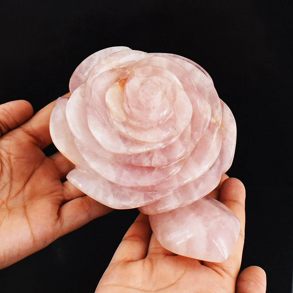 Natural 5220.00 Carats Genuine Pink Rose Quartz Hand Carved Crystal Rose With Leaf  Gemstone Carving
