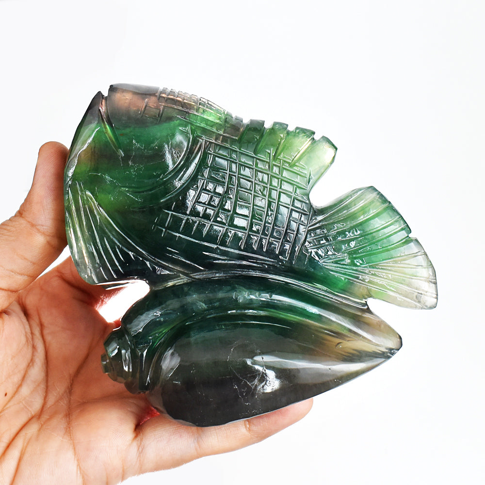 Beautiful 2657.00 Cts Genuine Multicolor Fluorite Hand Carved Crystal Gemstone Carving Fish