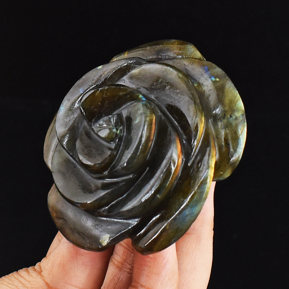 540.00 Carats Genuine Golden & Blue Flash Labradorite Hand  Carved Gemstone Crystal Rose Flower Carving