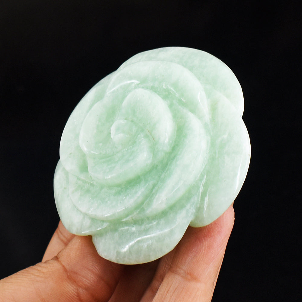 Genuine 439.00  Carats  Natural  Amazonite  Hand  Carved Crystal Rose Flower Gemstone Carving