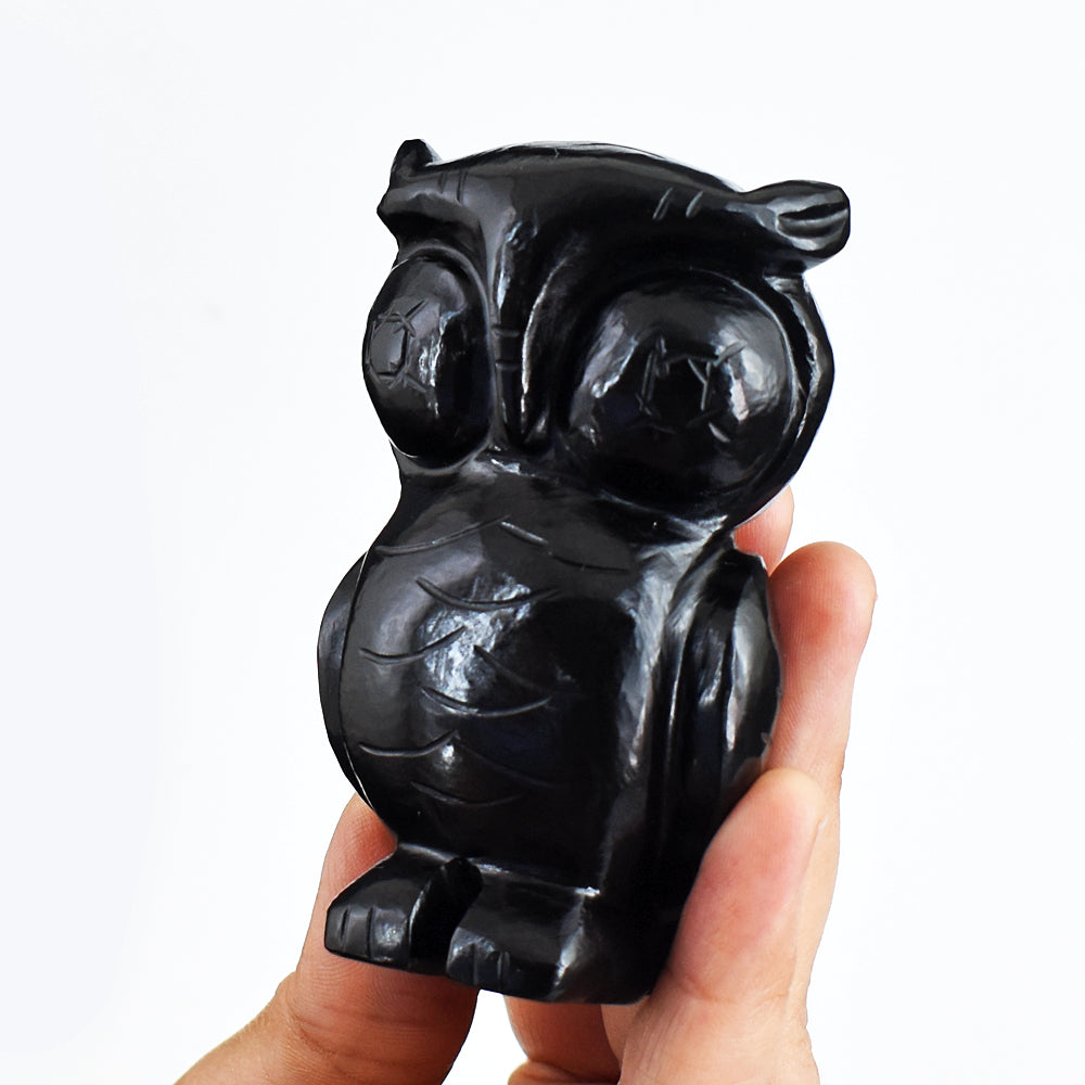 Amazing  1150.00 Carats Genuine Black Spinel Hand Carved Crystal Gemstone Owl Carving