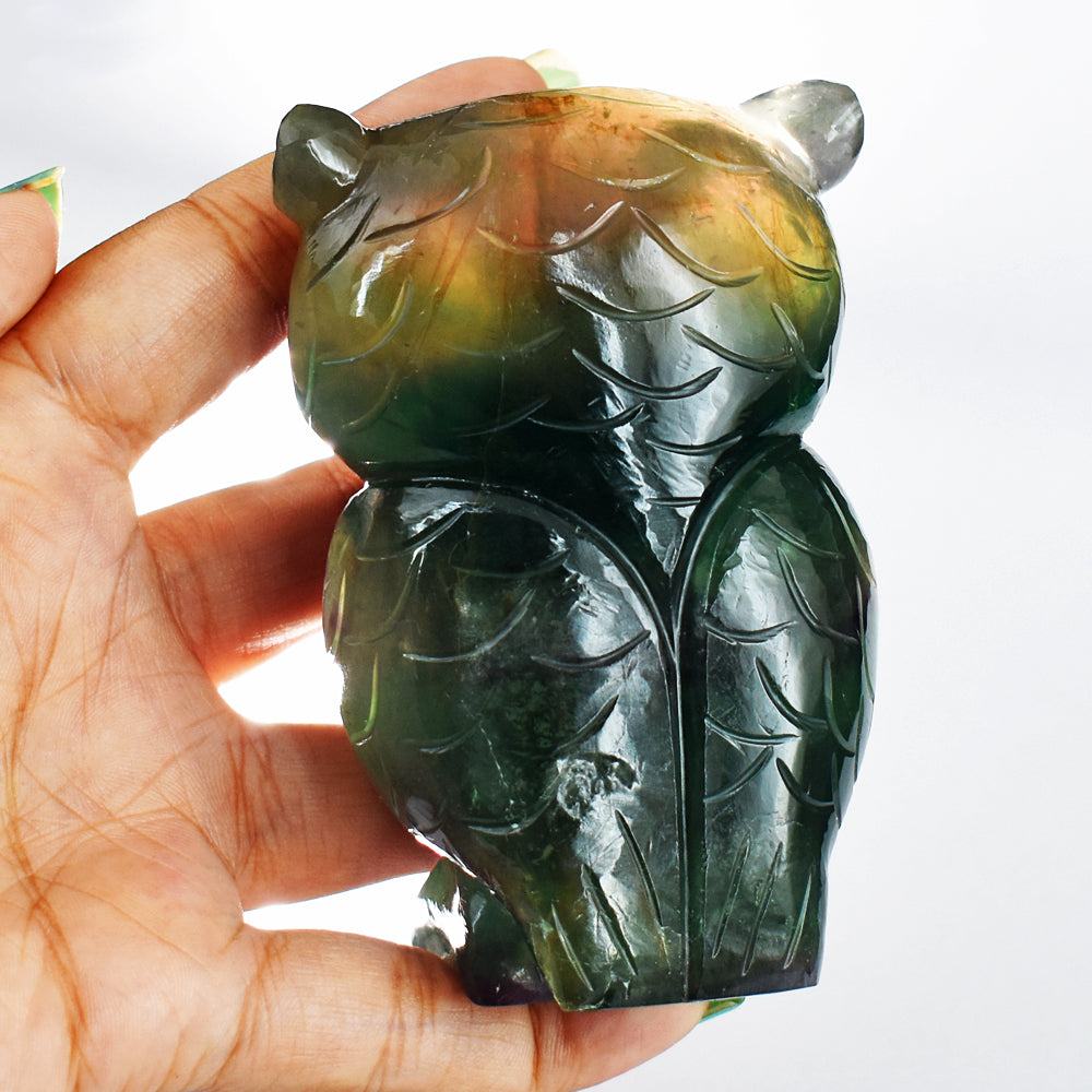 Exclusive  1900.00 Cts Genuine Multicolor Fluorite Hand Carved Crystal Gemstone Owl Carving