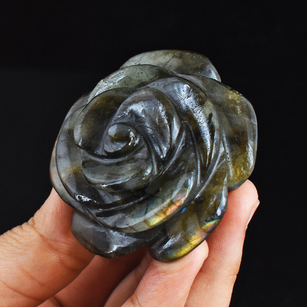 Artisian  437.00 Carats  Orange  &  Blue  Flash Labradorite  Hand  Carved  Rose  Gemstone  Carving