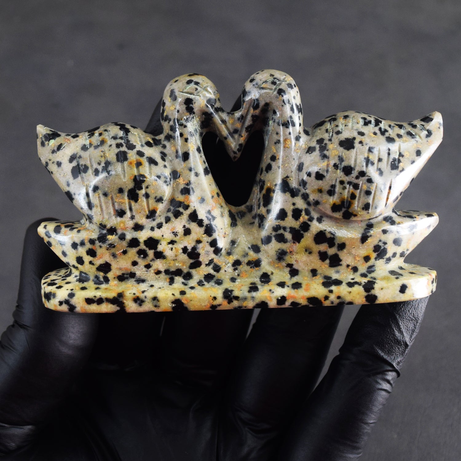 Best Ever 628.00 Cts  Genuine Dalmation Jasper Hand Carved Premium Love Swan Pair Crystal