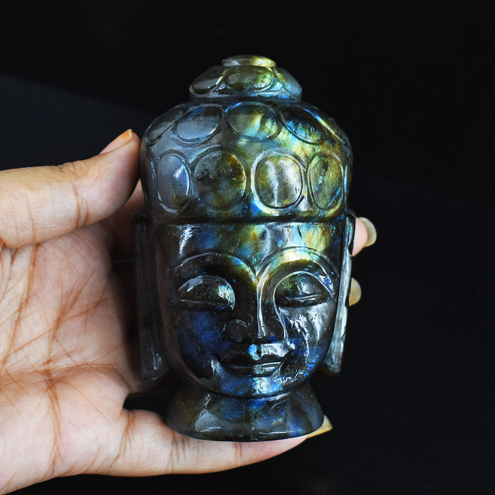 Beautiful 1867.00 Cts Genuine Blue & Golden Flash Labradorite Hand Carved Gemstone Buddha Head