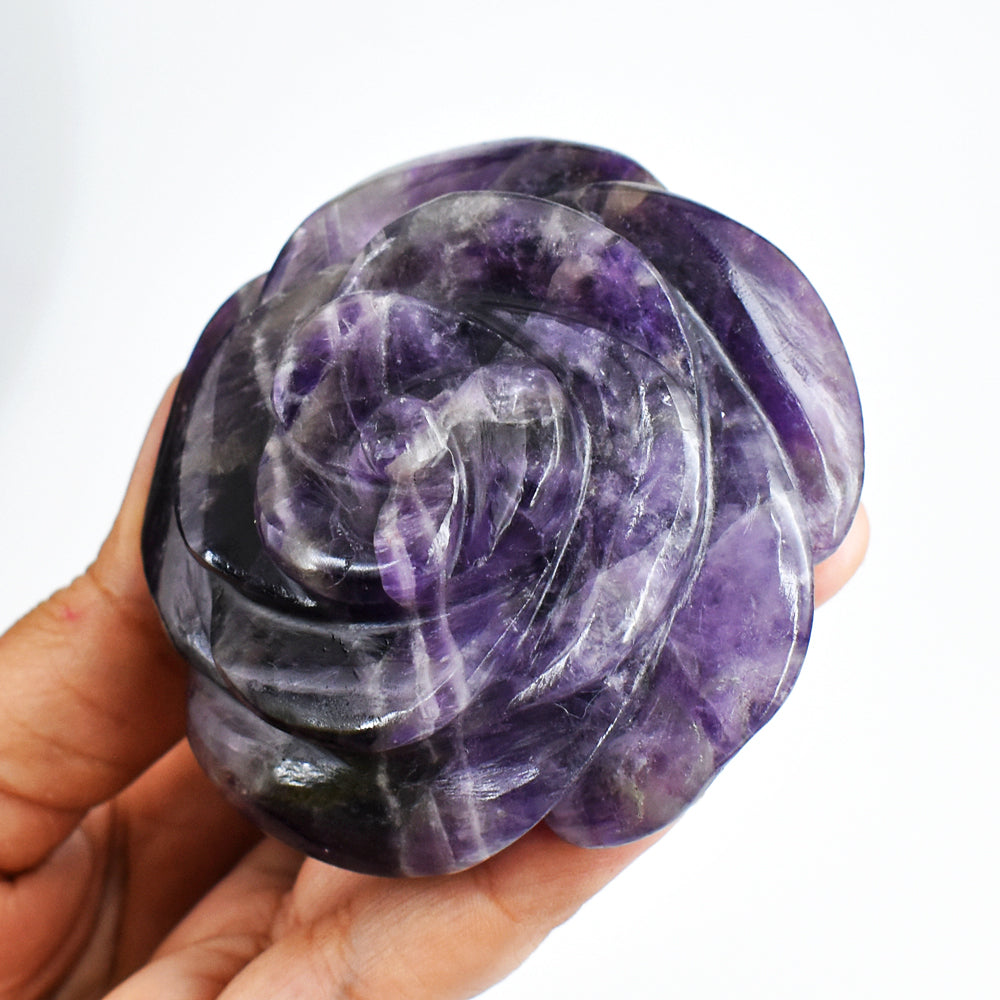 Craftsmen 858 .00 Cts  Genuine  Amethyst Hand Carved Crystal Rose Flower Gemstone Carving