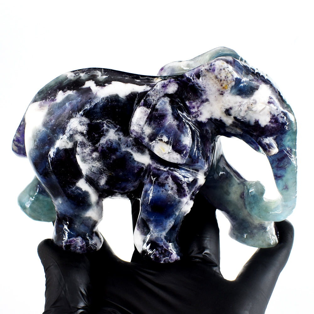 Beautiful 3638.00 Cts Genuine Multicolor Fluorite Hand Carved Crystal Gemstone Elephant Carving