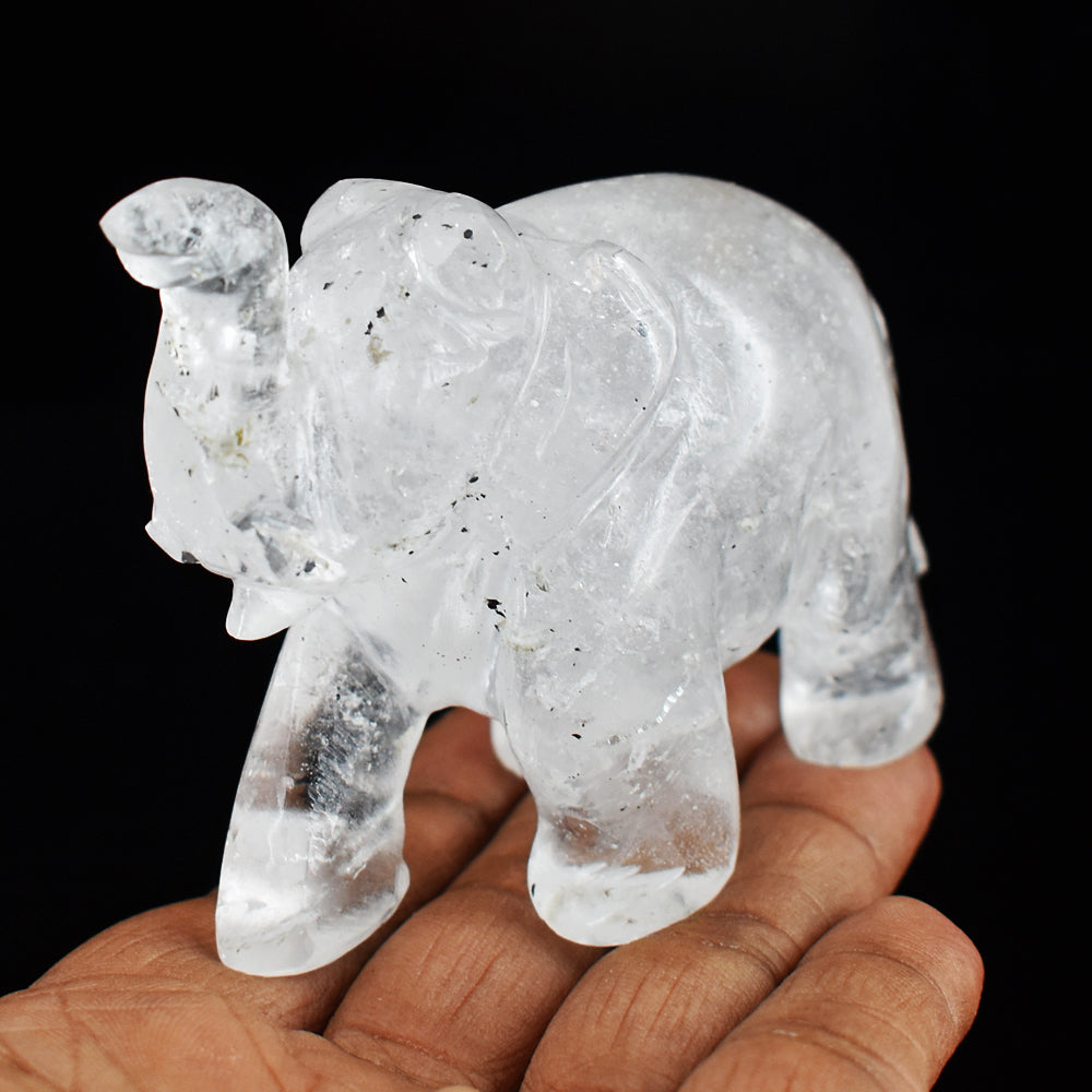 Artisian 740.00 Cts White Quartz  Hand Carved Genuine Crystal Gemstone Carving Elephant