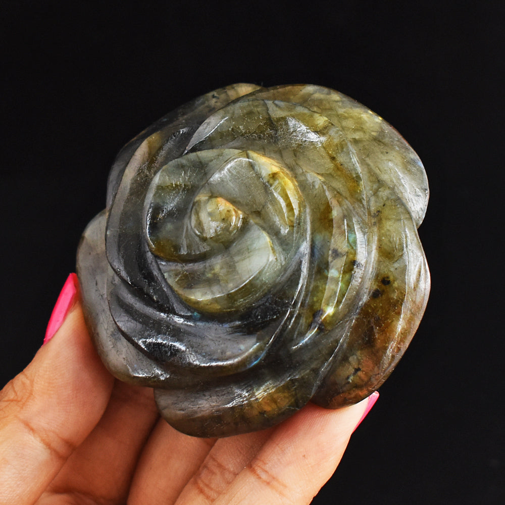 476.00 Carats Genuine Golden & Blue Flash  Labradorite Hand Carved Gemstone Crystal  Rose Flower Carving