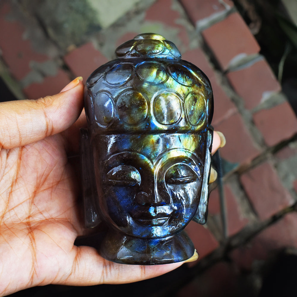 Beautiful 1867.00 Cts Genuine Blue & Golden Flash Labradorite Hand Carved Gemstone Buddha Head