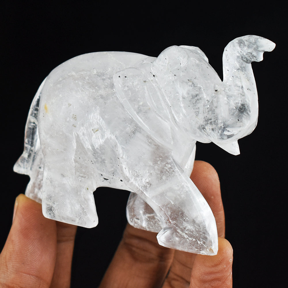 Artisian 740.00 Cts White Quartz  Hand Carved Genuine Crystal Gemstone Carving Elephant