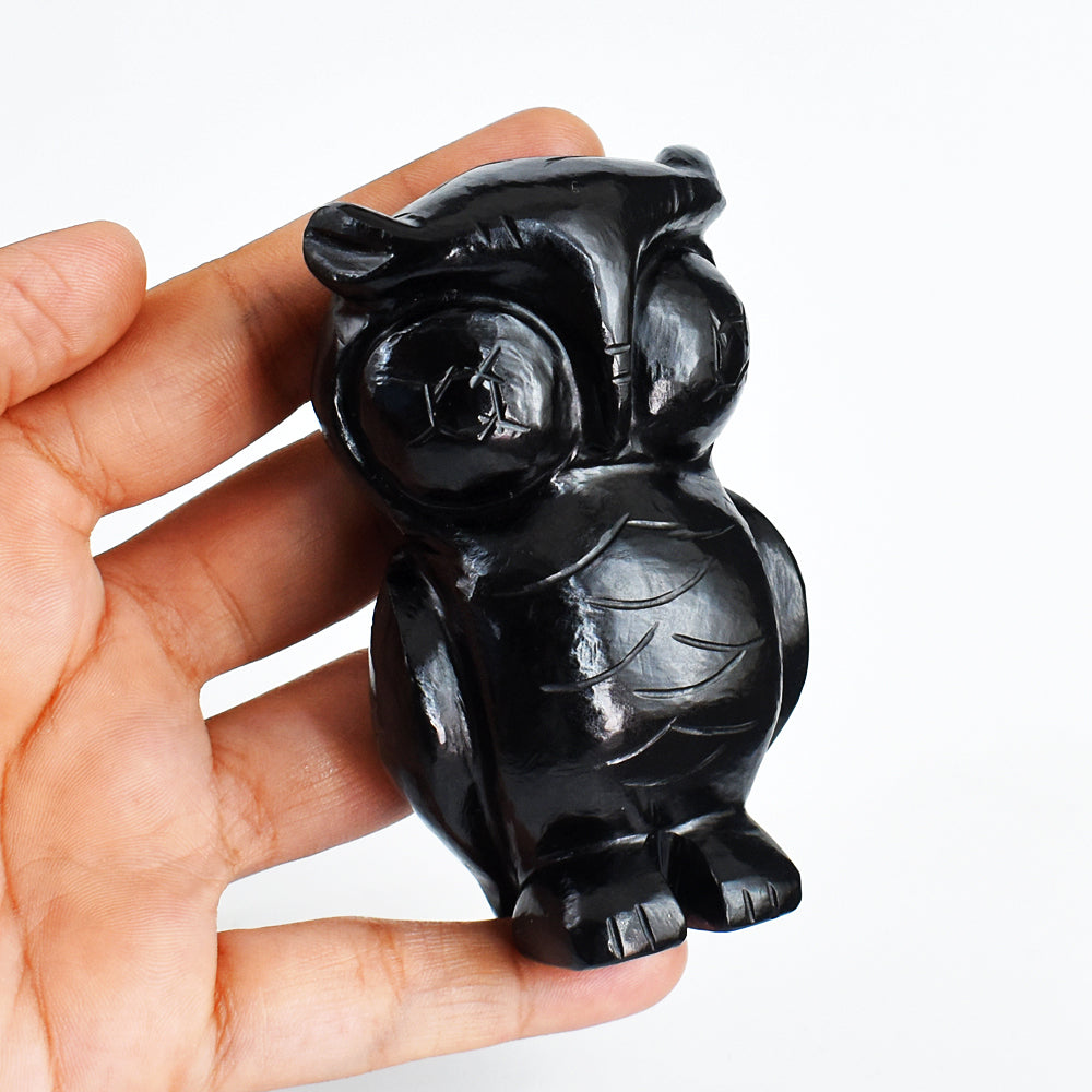 Amazing  1150.00 Carats Genuine Black Spinel Hand Carved Crystal Gemstone Owl Carving