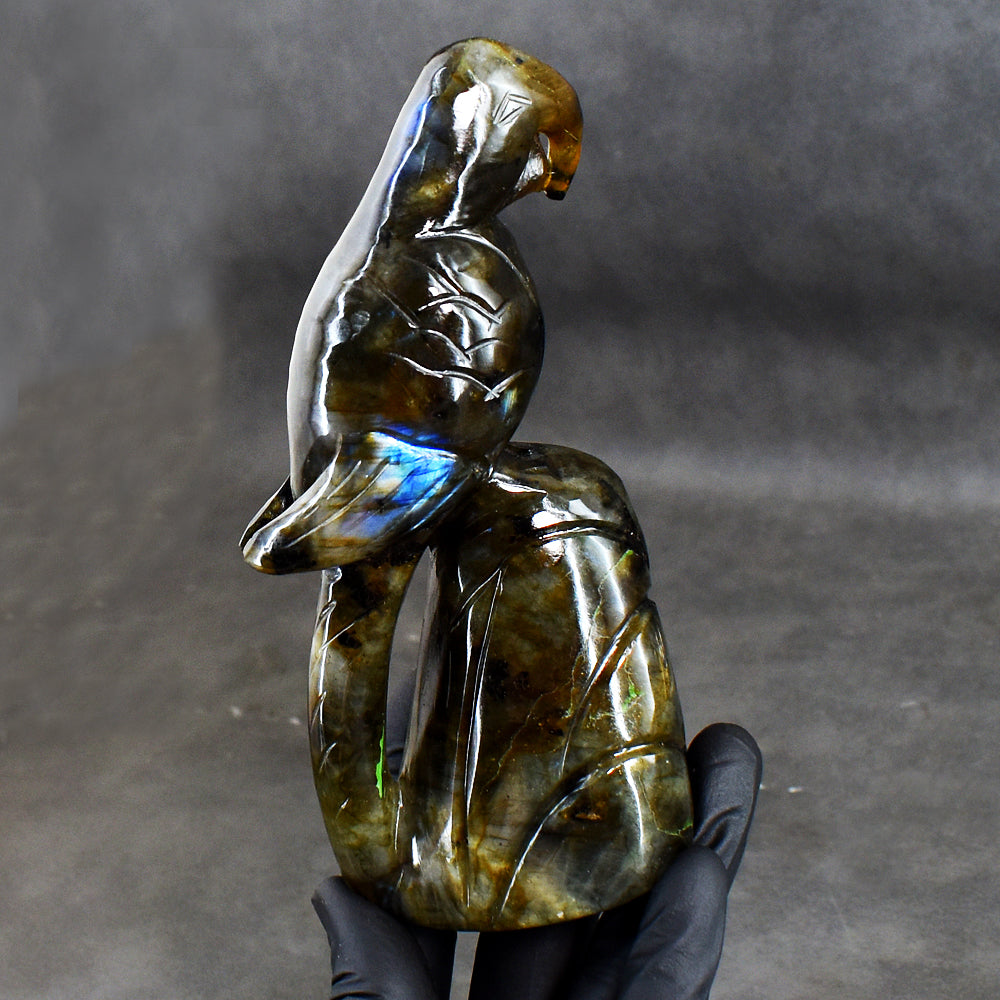 Amazing 2086.00 Cts Genuine Amazing Flash Labradorite Hand Carved Crystal Parrot Gemstone Carving