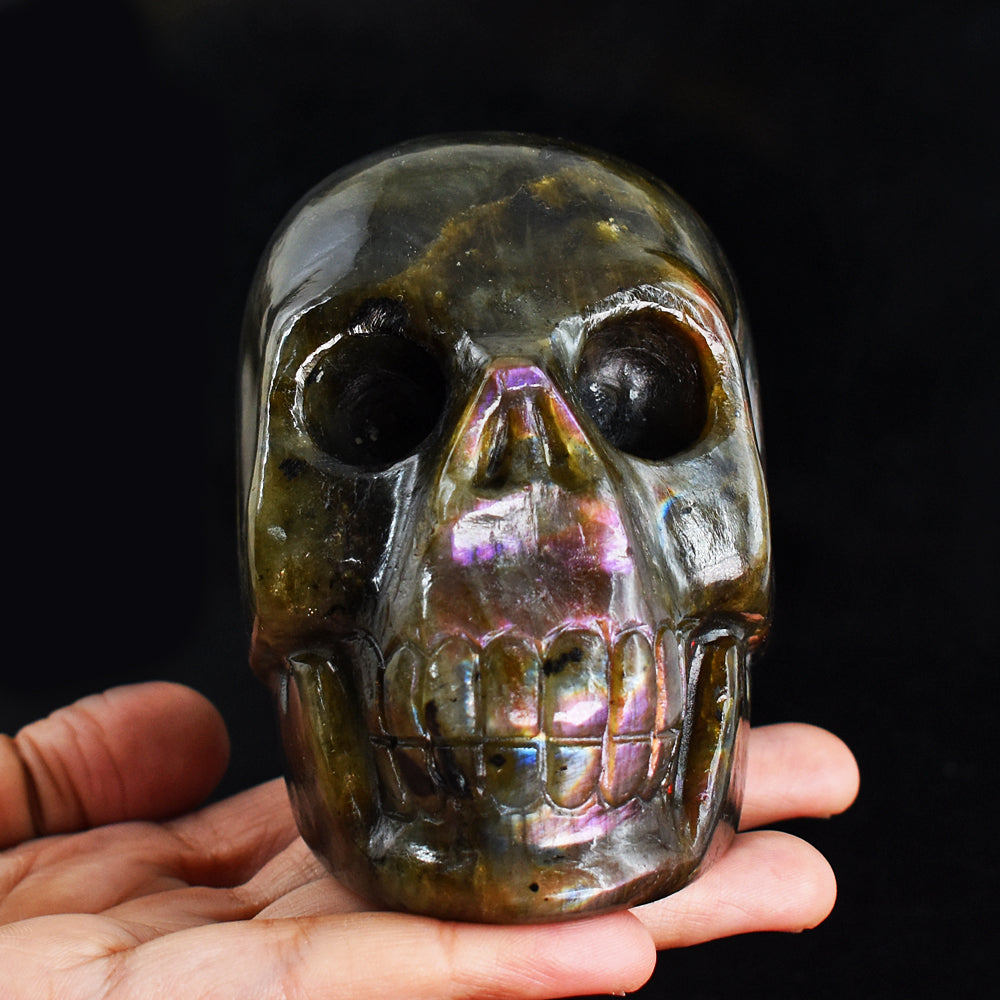 Gorgeous 3442.00 Cts Genuine Pink & Orange Flash Labradorite Hand Carved Crystal Skull Carving