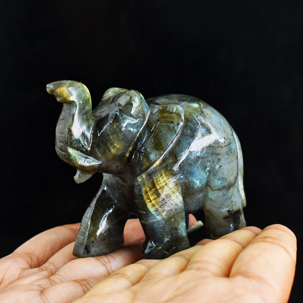 Artisian 912.00 CtsGenuine Golden & Blue Flash Labradorite Hand Carved Gemstone Carving Elephant
