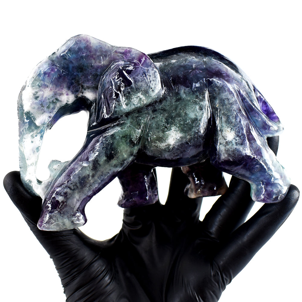 Beautiful 3638.00 Cts Genuine Multicolor Fluorite Hand Carved Crystal Gemstone Elephant Carving