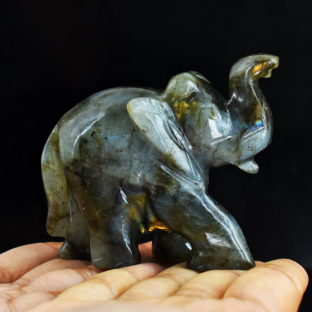 Artisian 912.00 CtsGenuine Golden & Blue Flash Labradorite Hand Carved Gemstone Carving Elephant