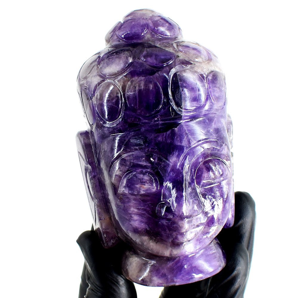 Craftsmen 1757.00 Cts Genuine Amethyst Hand Carved Gemstone Buddha Head Crystal Carving