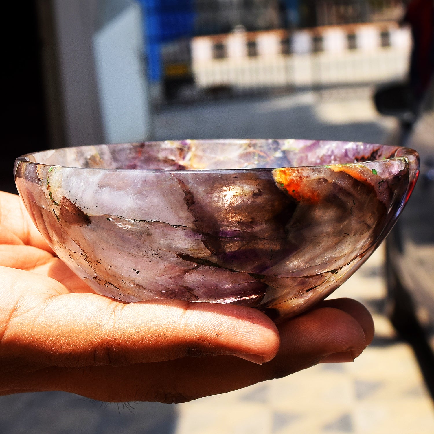 Attractive 1352.00 Carats Genuine Chevron Amethyst Hand Carved Crystal Gemstone Carving Big Bowl