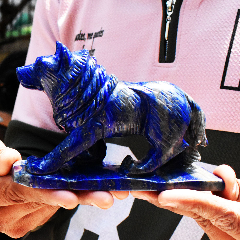 Awesome 2875.00 Cts Genuine Blue Lapis Lazuli Hand Carved Gemstone Wolf Crystal Carving