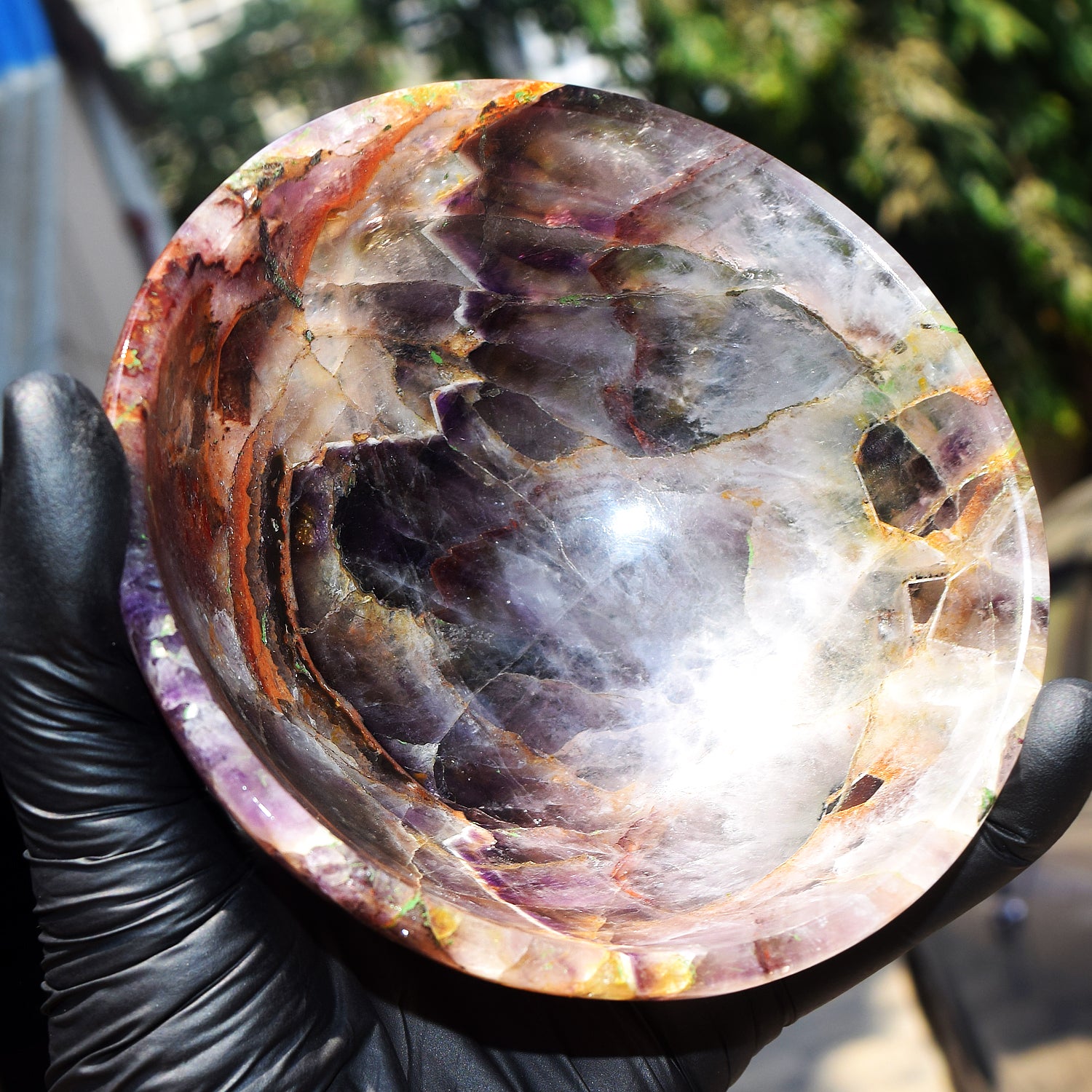 Attractive 1352.00 Carats Genuine Chevron Amethyst Hand Carved Crystal Gemstone Carving Big Bowl