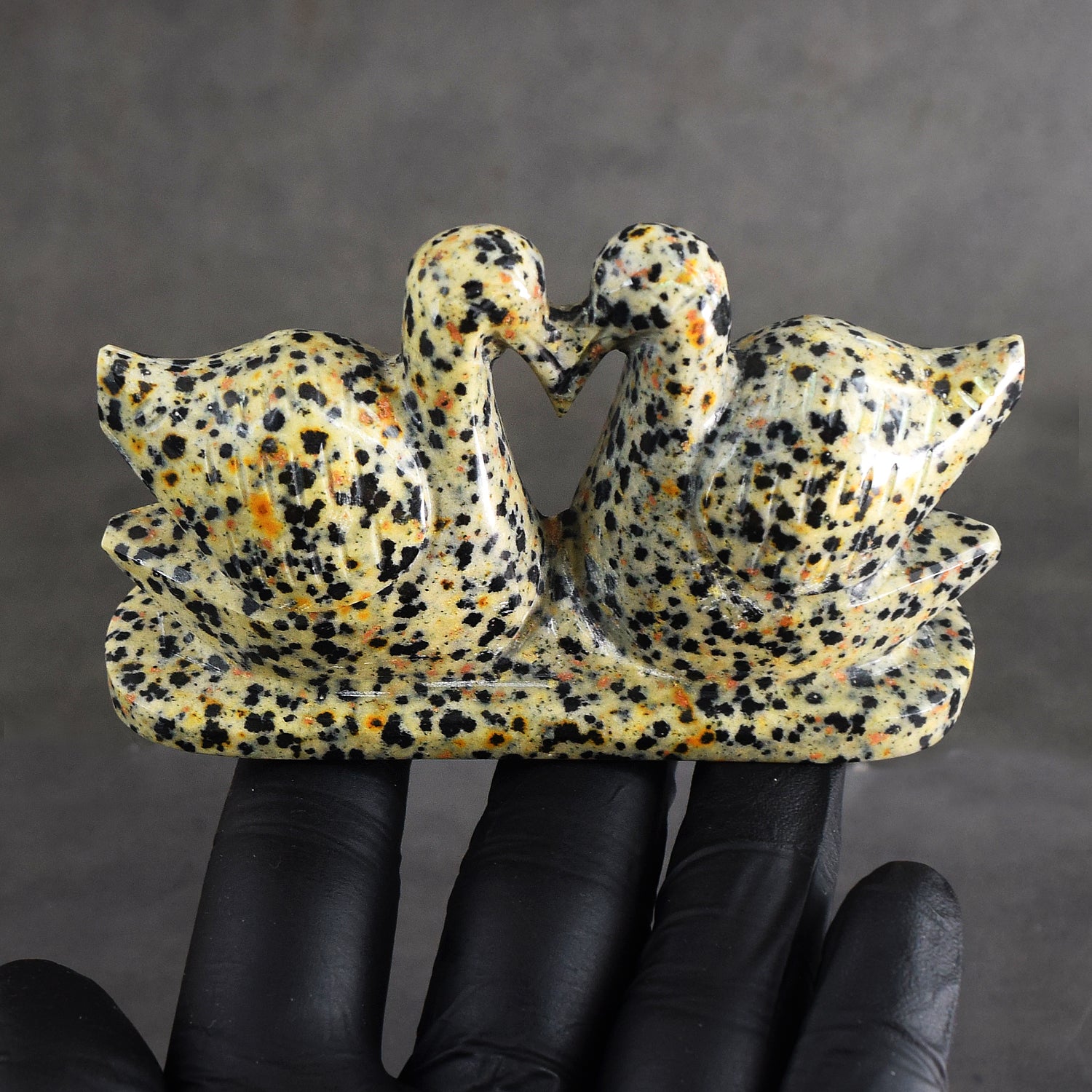 Pleasing 859.00 Cts Genuine Dalmation Jasper Hand Carved Love Premium Swan Pair