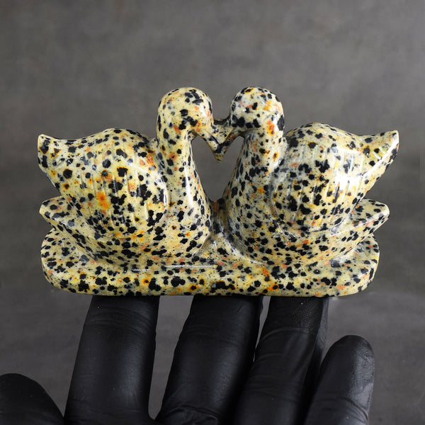 Pleasing 859.00 Cts Genuine Dalmation Jasper Hand Carved Love Premium Swan Pair