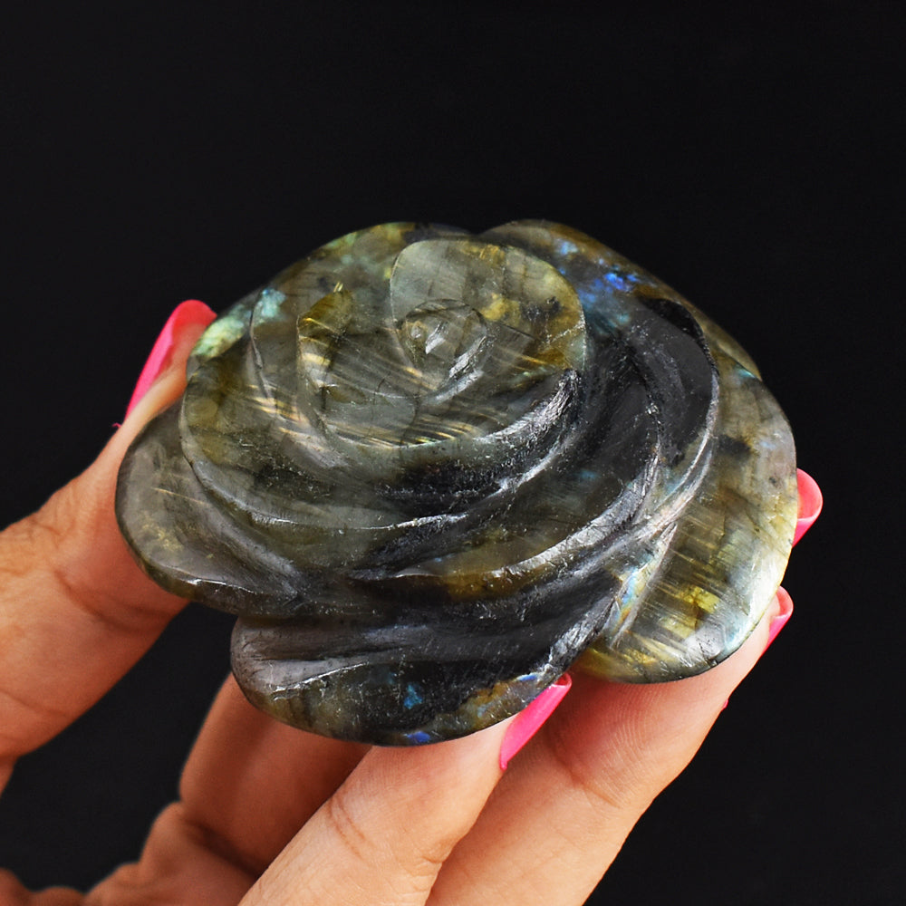 476.00 Carats Genuine Golden & Blue Flash  Labradorite Hand Carved Gemstone Crystal  Rose Flower Carving