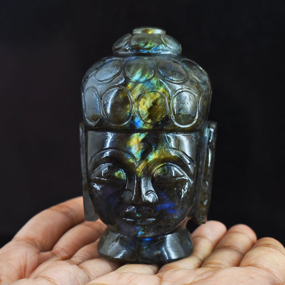 Beautiful 1867.00 Cts Genuine Blue & Golden Flash Labradorite Hand Carved Gemstone Buddha Head
