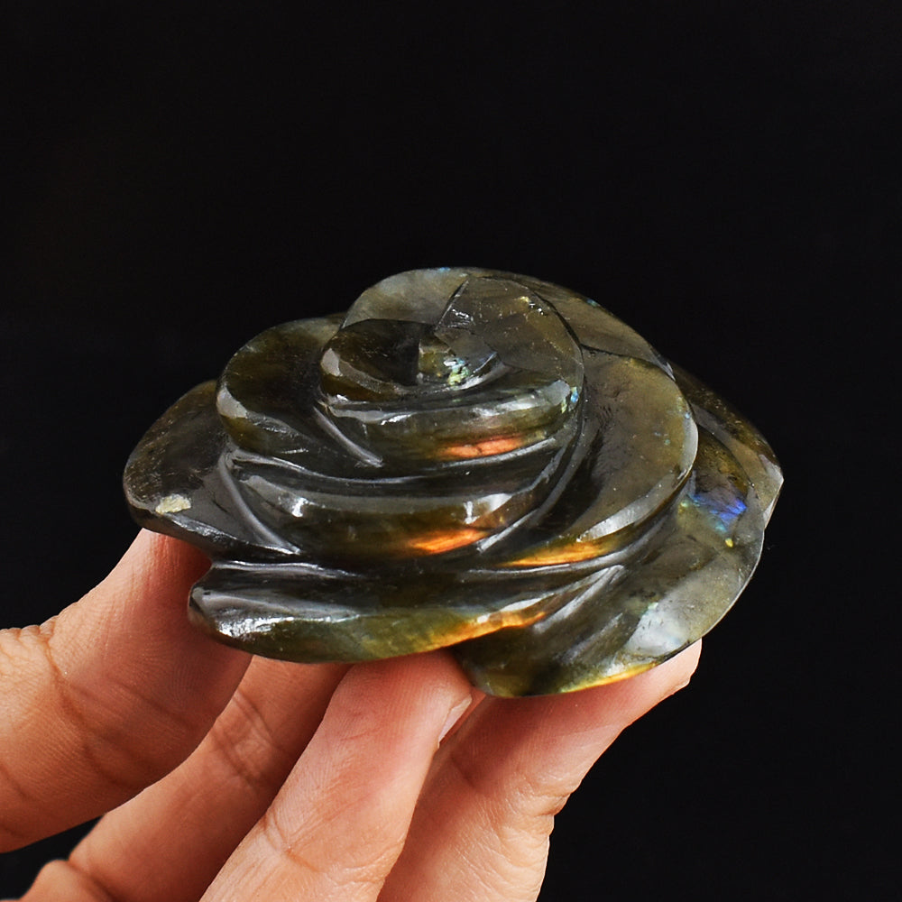 540.00 Carats Genuine Golden & Blue Flash Labradorite Hand  Carved Gemstone Crystal Rose Flower Carving