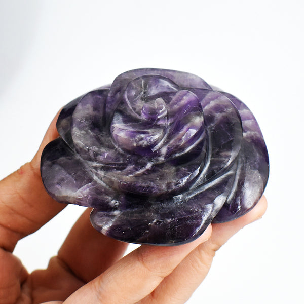 Craftsmen 858 .00 Cts  Genuine  Amethyst Hand Carved Crystal Rose Flower Gemstone Carving