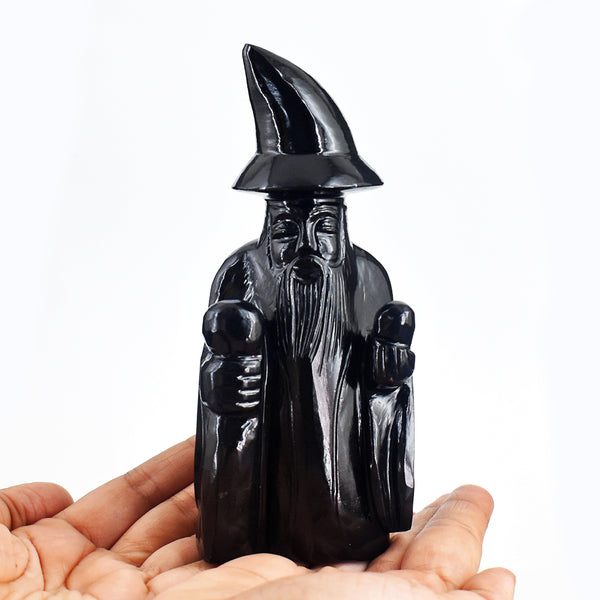 Genuine 3023.00 Carats Black Spinel Hand Carved Crystal Gemstone Wizard Carving