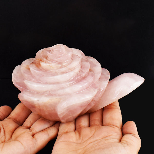 Natural 5220.00 Carats Genuine Pink Rose Quartz Hand Carved Crystal Rose With Leaf  Gemstone Carving