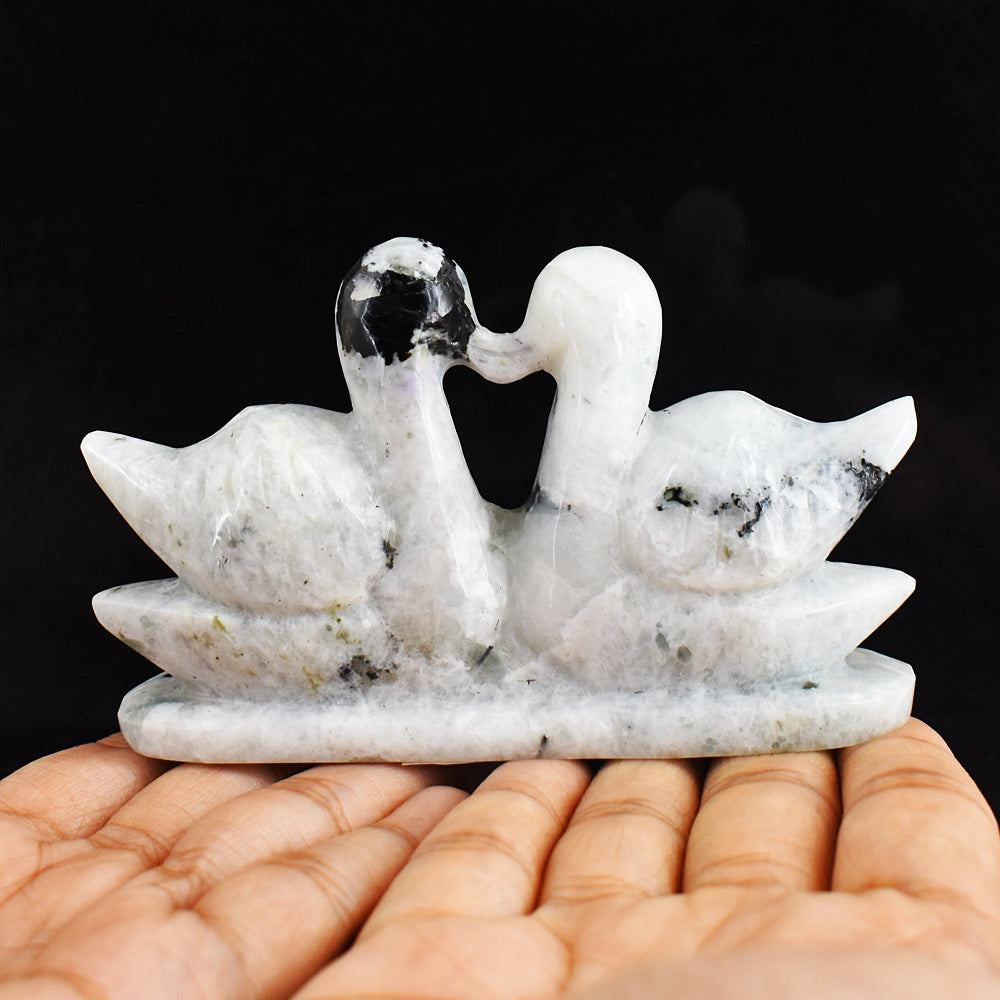 Craftsmen  917.00 Cts  Blue Flash Moonstone Hand Carved Crystal Swan Pair Gemstone Carving