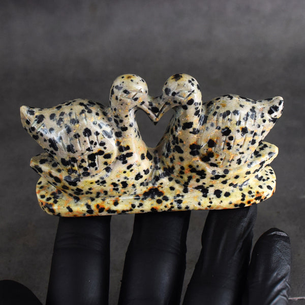 Best Ever 628.00 Cts  Genuine Dalmation Jasper Hand Carved Premium Love Swan Pair Crystal