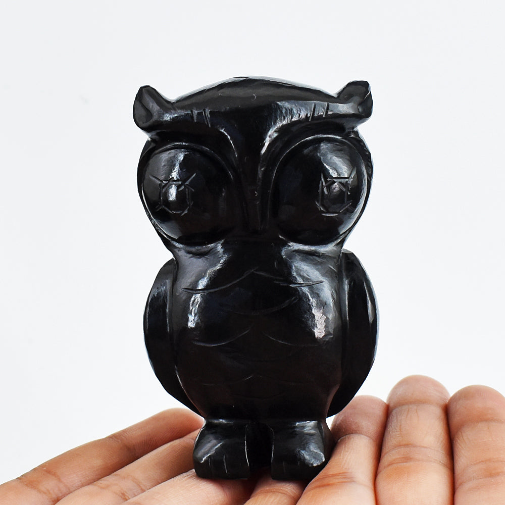 Amazing  1150.00 Carats Genuine Black Spinel Hand Carved Crystal Gemstone Owl Carving