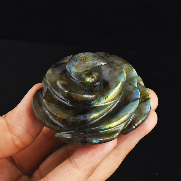 Genuine 426.00 Cts Golden & Blue Flash Labradorite Hand Carved Gemstone Crystal Rose Flower Carving