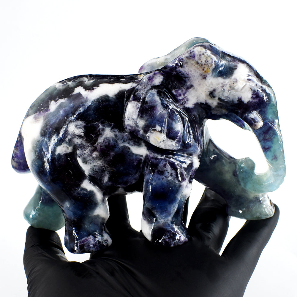 Beautiful 3638.00 Cts Genuine Multicolor Fluorite Hand Carved Crystal Gemstone Elephant Carving