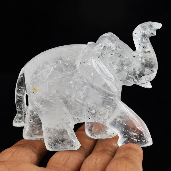 Artisian 740.00 Cts White Quartz  Hand Carved Genuine Crystal Gemstone Carving Elephant