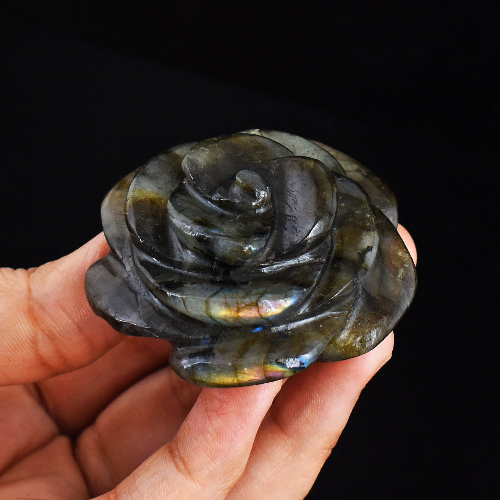 Artisian  437.00 Carats  Orange  &  Blue  Flash Labradorite  Hand  Carved  Rose  Gemstone  Carving