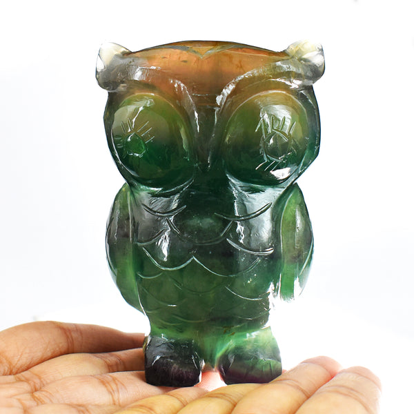 Exclusive  1900.00 Cts Genuine Multicolor Fluorite Hand Carved Crystal Gemstone Owl Carving